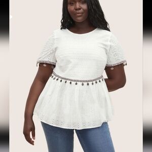 Bloomchic Eyelet Empire Waist Short Sleeve Tunic Top Tassel Trim Blouse Size 10